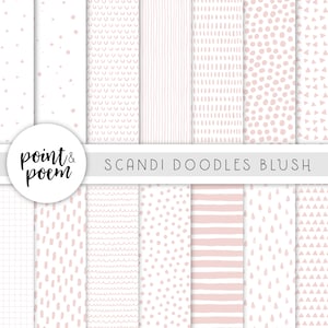 Papiers numériques scandinaves Doodle, Pack de papier numérique blanc & blush, motifs dessinés à la main, papier de scrapbooking numérique - Utilisation commerciale