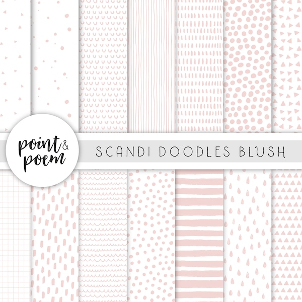 Doodle Scandinavian Digital Papers, White & Blush Digital Paper Pack, Hand Drawn Patterns, Digital Scrapbooking Paper - Commercial Use