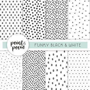 May include: A set of eight black and white digital paper patterns with geometric shapes, including diamonds, circles, and lines. The text "point & poem" and "FUNKY BLACK & WHITE" are included in the image.
