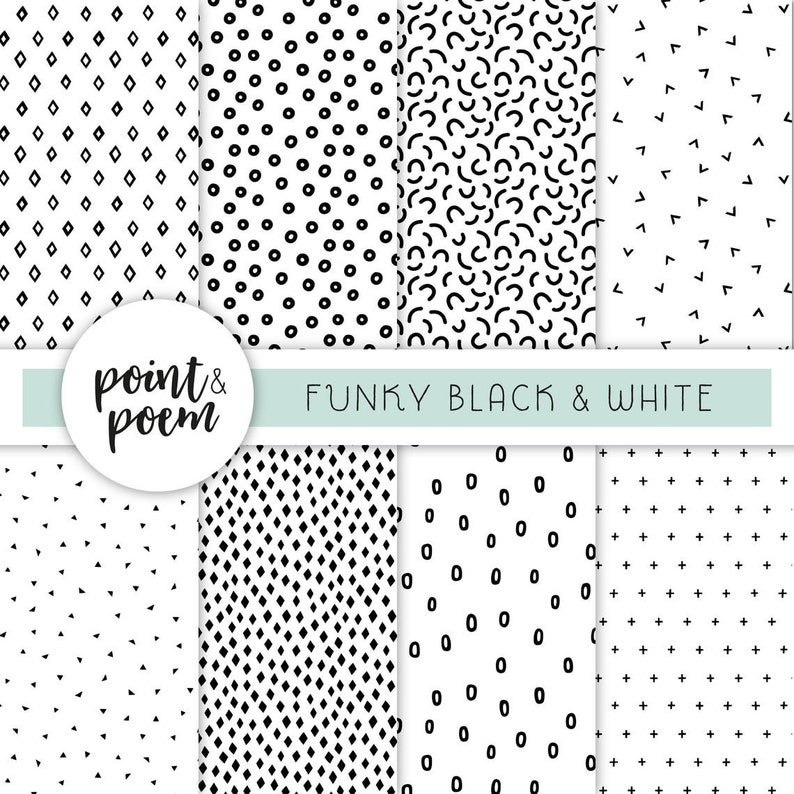 May include: A set of eight black and white digital paper patterns with geometric shapes, including diamonds, circles, and lines. The text "point & poem" and "FUNKY BLACK & WHITE" are included in the image.