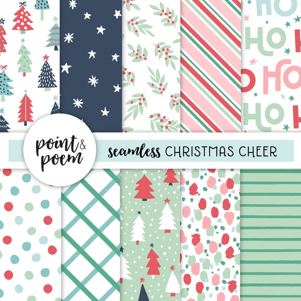 Christmas Digital Paper, Pink Blue Navy Mint Scandi Christmas Digital Papers, Winter Holidays Patterns, Digital Scrapbooking, Commercial Use