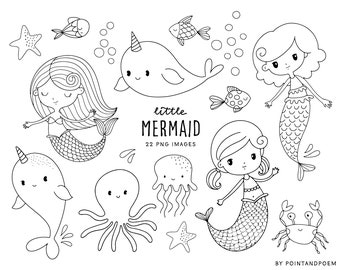 Hand Drawn clipart, Mermaid Clipart, Digital Stamps, Cute Coloring Mermaids, Sea Creatures, Commercial use