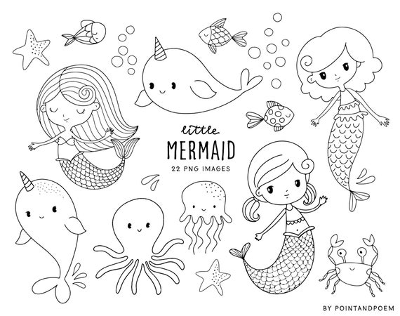 Hand Drawn clipart, Mermaid Clipart, Digital Stamps, Cute Coloring Mermaids, Sea Creatures, Commercial use