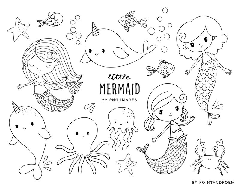 May include: Black and white line art illustrations of a mermaid, narwhal, octopus, jellyfish, starfish, crab, and bubbles. The text "little mermaid" and "22 PNG images" is included in the image.