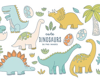 Cute Dinosaur Clipart. Dino hand drawn clipart. Dino, dinosaurs, t-rex, jurassic. Png images. Commercial use Kawaii Clipart.