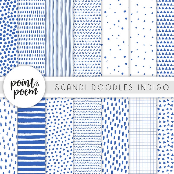 Doodle Scandinavian Digital Papers, Indigo & White Digital Paper Pack, Hand Drawn Patterns, Digital Scrapbooking Paper - Commercial Use