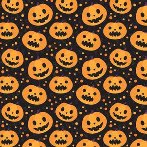 May include: A repeating pattern on a black background featuring orange jack-o'-lanterns with various carved facial expressions, interspersed with small orange and yellow dots and the faint repeating text "POINT and POEM".