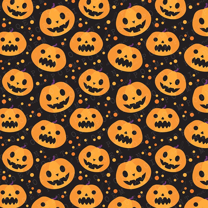 May include: A repeating pattern on a black background featuring orange jack-o'-lanterns with various carved facial expressions, interspersed with small orange and yellow dots and the faint repeating text "POINT and POEM".