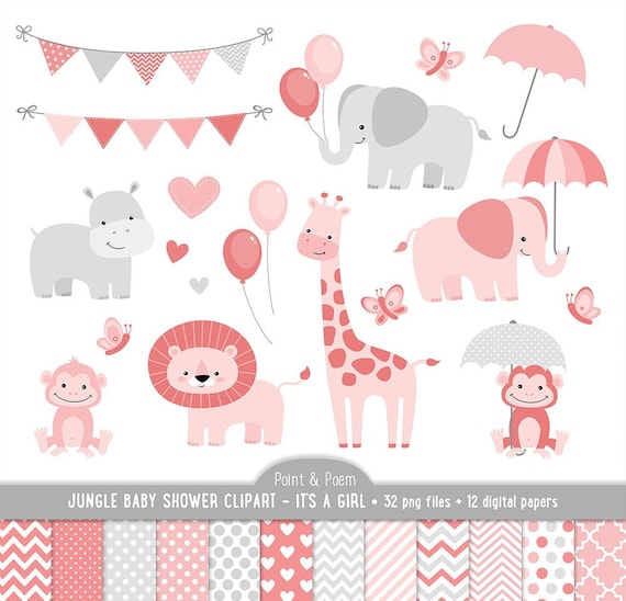 Jungle Clip Art, Animals Baby Shower clipart, It's a girl Baby Shower, Cute, Digital Papers, Shower - Commercial Use