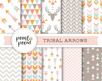 Tribal Digital Paper, Arrows,Pink, Orange, Mint, Printable, Arrows, Chevron, Hipster - Commercial Use
