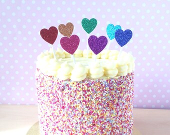 Glitter rainbow heart cake toppers; great cupcake toppers for an anniversary, wedding, baby shower or birthday