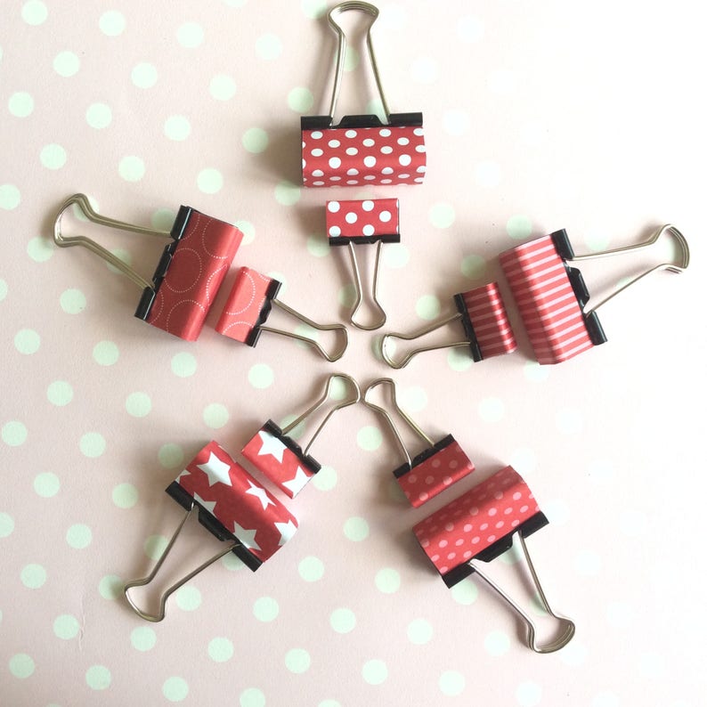 Red binder clips patterned foldback clips with spots, stripes and stars. Available in small or medium 19 or 32mm image 2