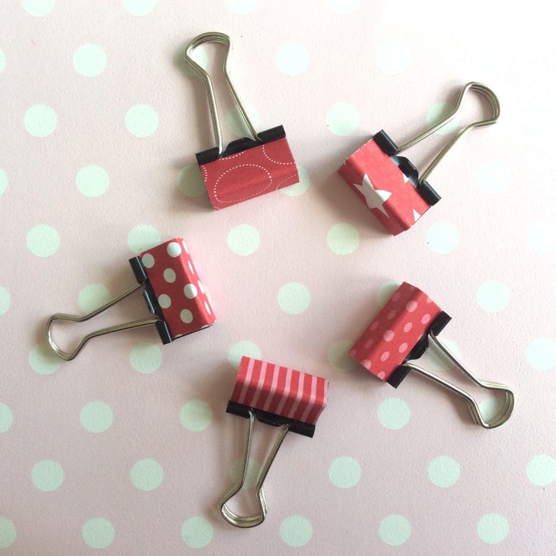 Red binder clips patterned foldback clips with spots, stripes and stars. Available in small or medium 19 or 32mm image 3
