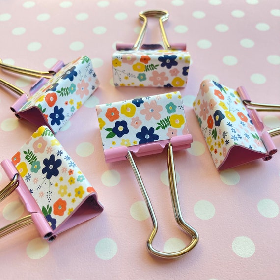Flower Binder Clips Pink Cute Pretty Floral Stationery. Fun Coloured Planner Clips on a Pink Base Etsy