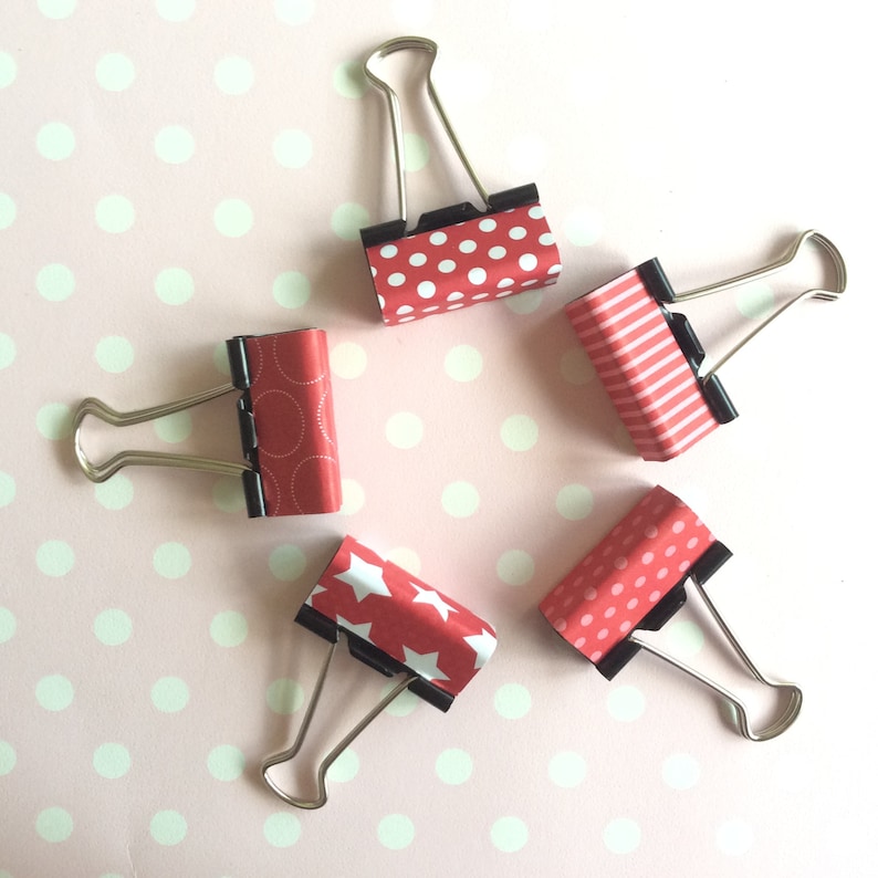 Red binder clips patterned foldback clips with spots, stripes and stars. Available in small or medium 19 or 32mm image 1