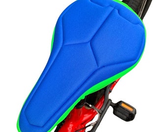 Kids Blue and Green Padded Bike Seat Cover from eco friendly textiles. High tech foam for maximum support and a water resistant base