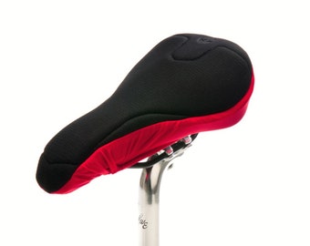 Black and Red Padded Bike Seat Cover with eco friendly textiles. High tech foam properties for maximum support. Anatomic fit for WOMEN