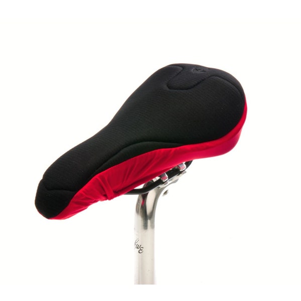 Housse de selle de vélo rembourrée noire et rouge avec des textiles respectueux de l'environnement. Propriétés de la mousse de haute technologie pour un soutien maximal. Coupe anatomique pour FEMME