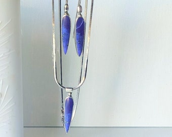 Sterling Silver Designed Lapis Earrings & Necklace Set 925 Southwestern Navajo Earrings Pierced 70's Lapis Pierced 925 Earrings Lapis Navajo