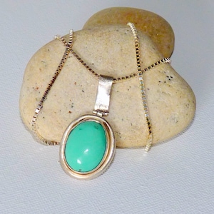 Sterling Silver Genuine Turquoise Pendant Silver 18&quot; Necklace, Oval Turquoise, Green Turquoise Southwestern Silver Turquoise Jewelry 925