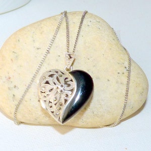 Sterling Silver Heart Locket Necklace 20&quot; Onyx Memory Locket Romantic Jewelry, Retro Necklace, Vintage Art Deco Locket Jewelry 925