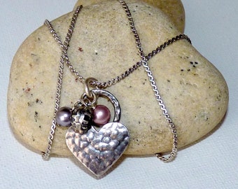 Vintage Sterling Silver Heart Lock Pendant 16" Necklace 925 Silver Dangle Pearl Hammered Heart Chain Swarovski, 925 Necklace, Heart Necklace