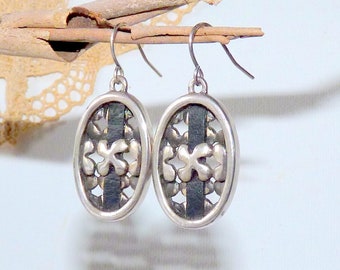 Sterling Silver Leather Dangle Earrings Sterling Leather Floral Handcrafted Pierced Earrings Modern 925 Dangle Jewelry 925 Floral Dangle