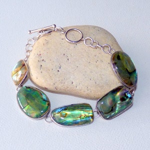 Sterling Silver Paua Shell Bracelet,Abalone Shell 925 Bracelet 8&quot; Abalone Cabochon Bracelet,Abalone Jewelry, Abalone Links 925 Bracelet
