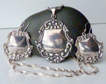Antique Set Sterling Shield 24" Necklace Jewelry, Vintage 925 Jewelry Retro Set Mexico 925 Jewelry , Sterling Mexico Set Art Deco 925 Set
