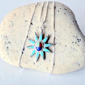 Rare Sterling Starburst With Radiating Points 18&quot; Necklace Navajo 925 Southwestern Turquoise 925 Navajo Inlay Jewelry, Zuni 925