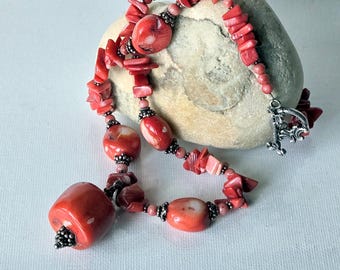 Sterling Silver Coral Pendant  18" Necklace, chunky Coral jewelry, 925 Coral Jewelry, Statement Red Coral Jewelry, Vintage Handmade Silver