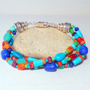 Vintage Sterling Silver Lapis Lazuli, Coral, Gaspeite Bracelet 925 Silver Link Turquoise Bracelet, Southwestern 925, Sterling 70&#39;s Jewelry
