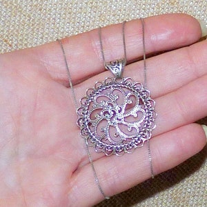 Sterling Silver Filigree Pendant 20&quot; Chain Necklace 925 Open Work Swirl Pendant, Art Deco Textured Silver 925 Jewelry Silver Vintage Jewelry