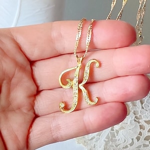 Gold Tone K Rhinestone Pendant Crystal 20&quot; Necklace, K Initial, K Chain Necklace Jewelry 90’s Initial Gold Jewelry Chain K Name Necklace