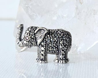 Sterling Silver Lucky Elephant Marcasite Pendant 925 Vintage 925 Garnet Elephant Pendant, Lucky Charm, Simple Retro Elephant Symbol of Luck