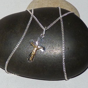 Vintage Sterling Silver Modernist Cross Pendant 18&quot; Necklace Two Tone Cross Stylish 925 Crucifix Christian Jewelry, Small Catholic Cross 925