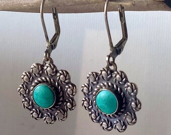 Sterling Silver Turquoise Earrings Lever Backs Vintage 925 Southwestern Dangle Earrings, Green/Blue Turquoise Jewelry Navajo 925 Turquoise
