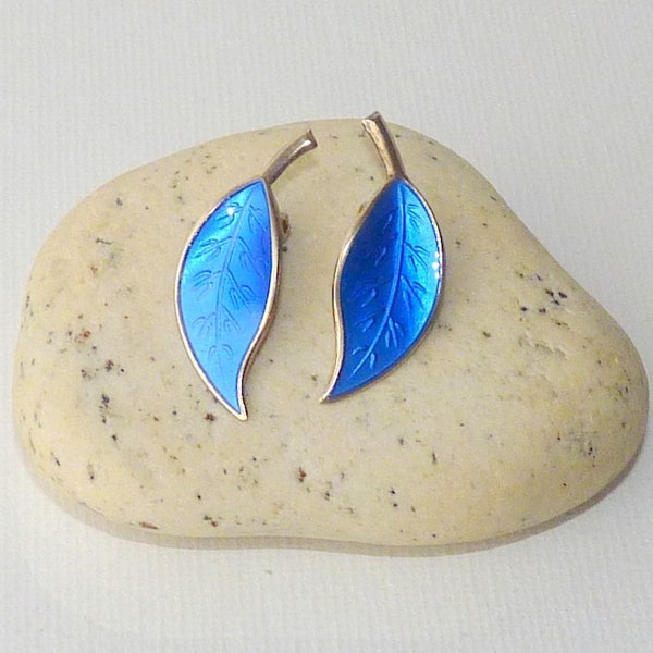 David Anderson Sterling Silver Vermeil  Clip-0n Earrings Leaf 925 Gold Blue Enamel Leaf Gold Clip-on, Norway Earrings, Norway Jewelry 925