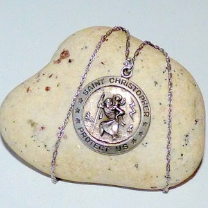 Sterling Silver St Christopher Pendant Necklace 24&quot; Religious Medal Patron Saint of Travel Safety, 70&#39;s Devotion Necklace, 925 Silver Medal