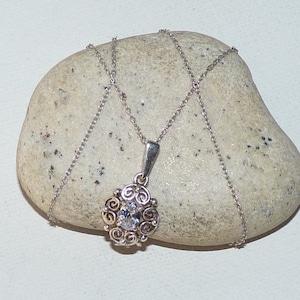 Sterling Silver Filigree Zircon Pendant 18&quot; Necklace 925 Open Work Pendant, Art Deco Shape Silver 925 Jewelry, Silver Crystal Jewelry 925 CZ