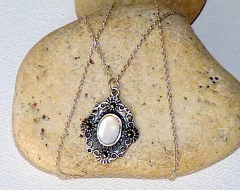 Sterling Silver Mother of Pearl Marcasite Pendant 18" Necklace Vintage Marcasite Minimalist Jewelry 925 Art Deco Marcasite MOP Jewelry 925
