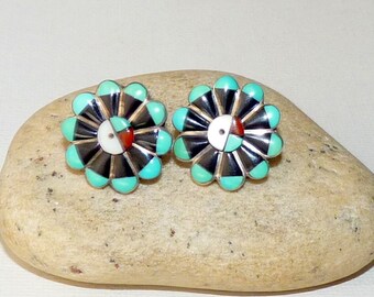 Southwestern Turquoise Inlay Sun Face Stud Earrings Rotiero Vacit Red White and Black Inlay Turquoise Navajo Sun Face Zuni Stud 925 Unisex