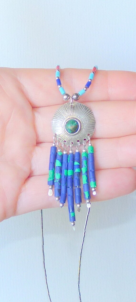 Sterling Silver Necklace 18" Blue/Green/Red Beade… - image 2