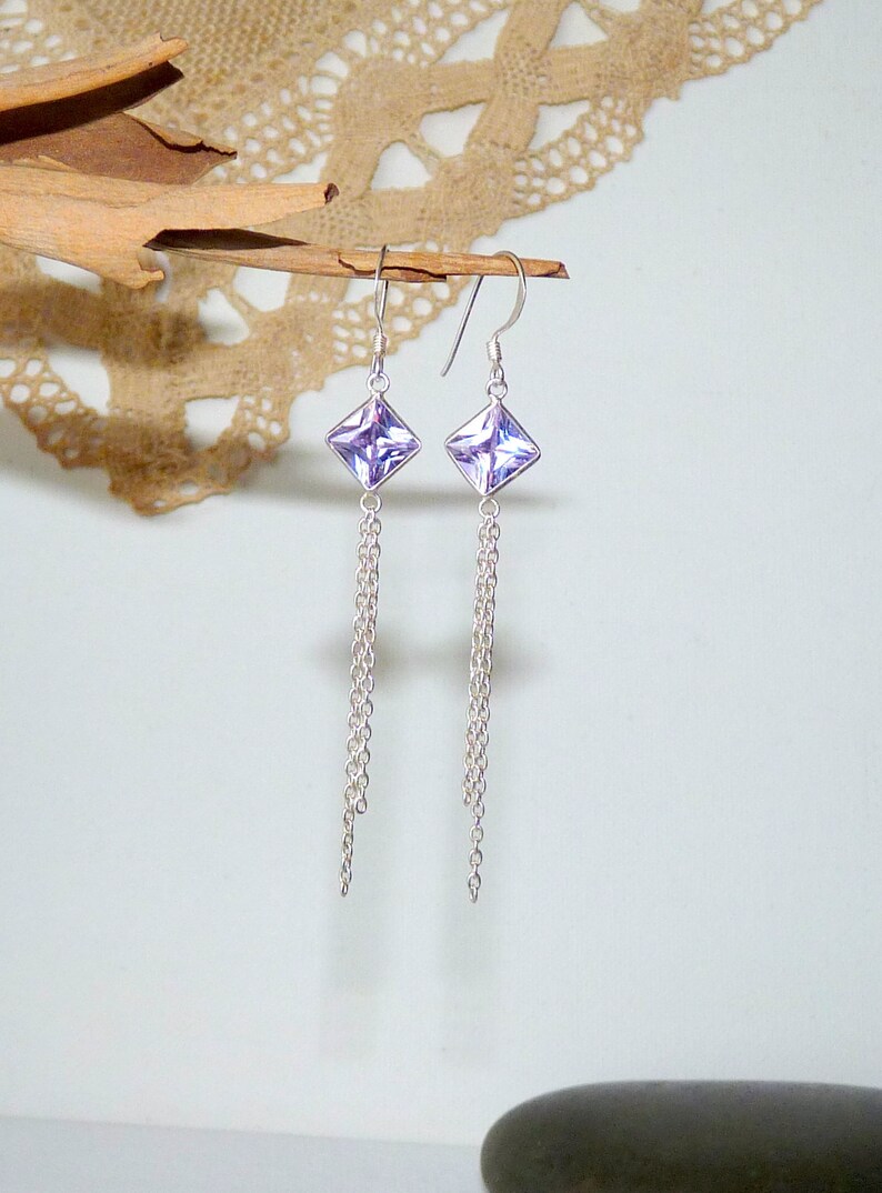 Sterling Silver Zircon Earrings 925 Pierced Sterling Cubic Zircon Earrings Dangle Earrings 925 Dangle Crystal 925 Silver Purple Zircon