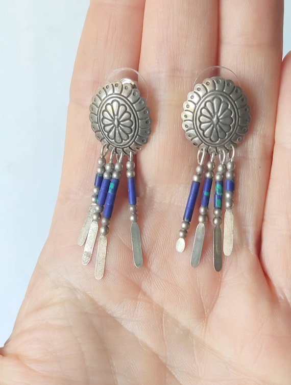 Sterling Silver Turquoise and Lapis Concho Dangle… - image 2