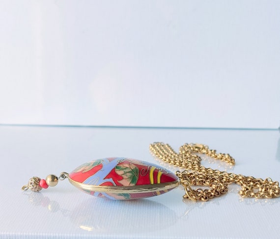 Extra Large Cloisonne Necklace 35" Gold Tone Pend… - image 4