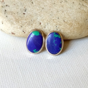 Sterling Silver Lapis Stud Earrings, Southwestern Spotted Lapis Mexico Stud 925 Earrings Pierced 70&#39;s Lapis Earrings, Lapis Sterling 925