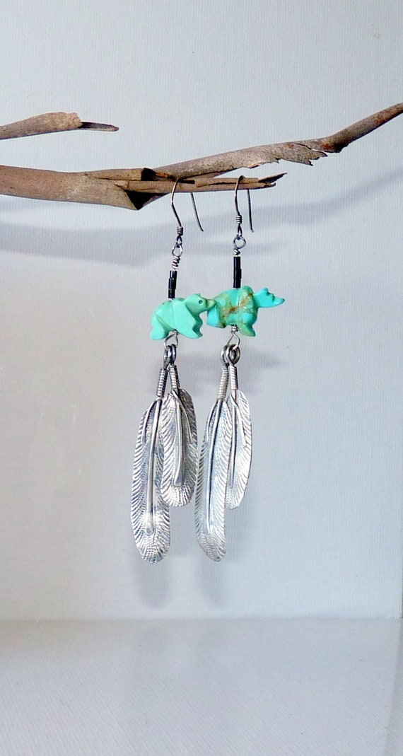Southwestern Turquoise Bear Earrings 925 Tribal S… - image 4