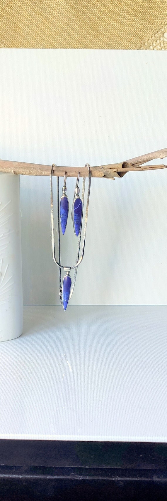 Sterling Silver Designed Lapis Earrings & Necklace
