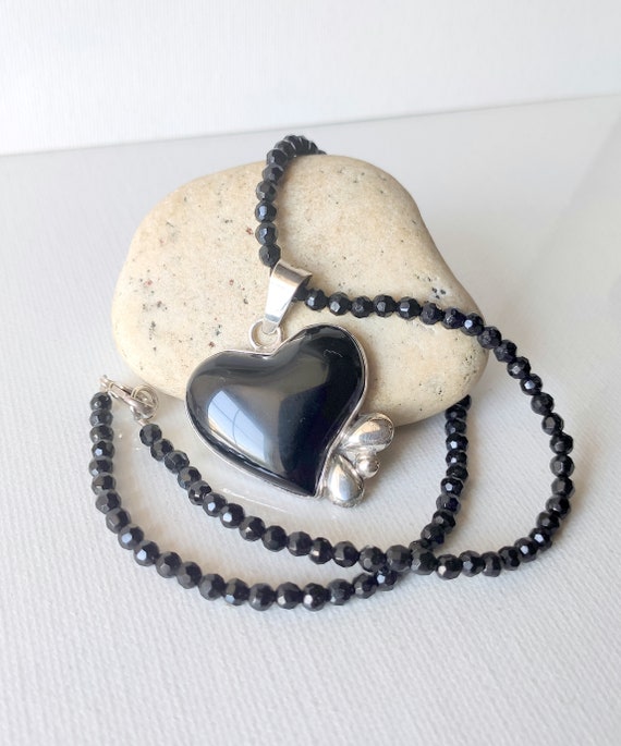 Sterling Silver Onyx  Heart Pendant Necklace 16" M